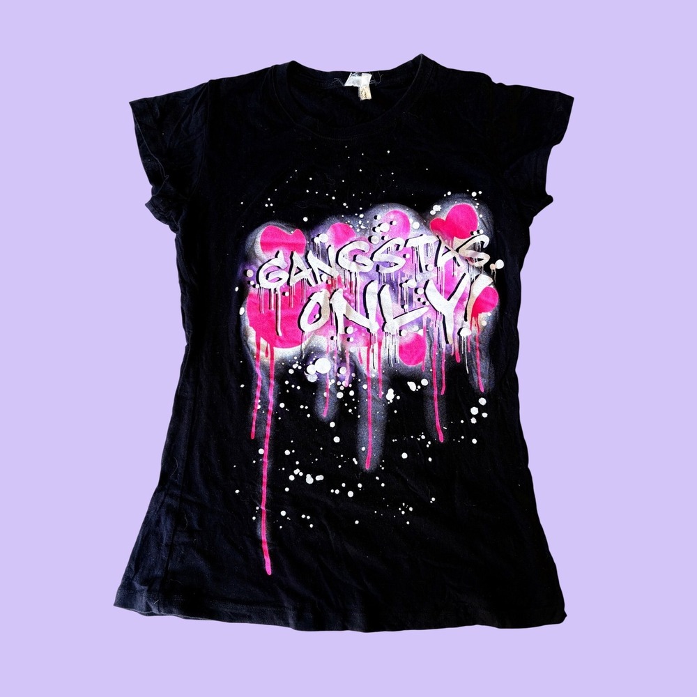 Y2K Black Graffiti Graphic Tee "Gangstas Only" Spray Paint Streetwear Scene #18